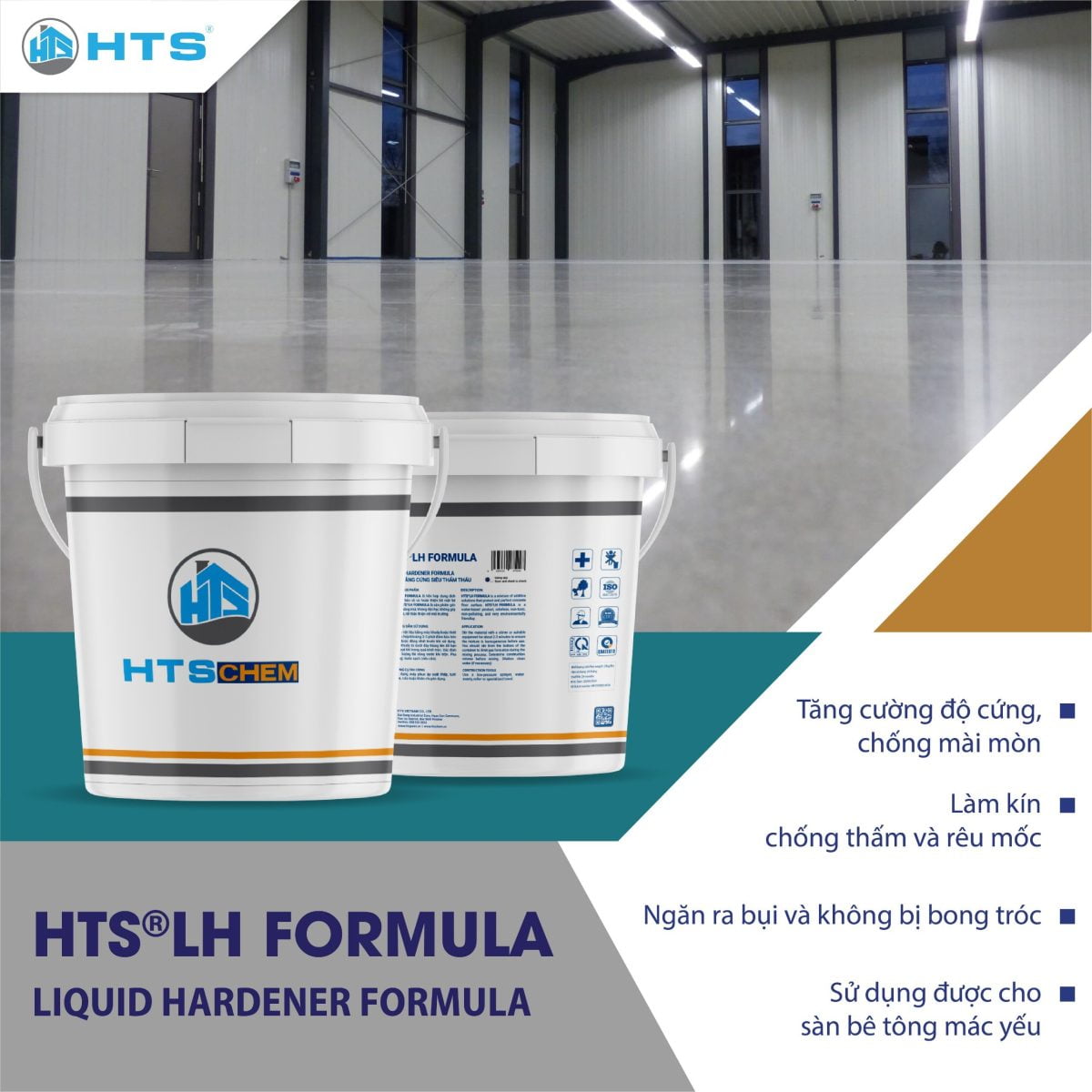 Thùng hóa chất làm cứng sàn HTS® LH FORMULA, tăng cường độ cứng, chống mài mòn, làm kín bề mặt bê tông, ngăn rêu mốc, và hạn chế bụi bẩn bong tróc