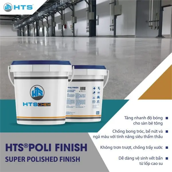 HTS®POLI FINISH là sản phẩm hóa chất phủ bóng sàn vượt trội, mang lại độ bóng sáng bền đẹp, khả năng chống mài mòn và bảo vệ sàn bê tông tối ưu trong mọi điều kiện sử dụng