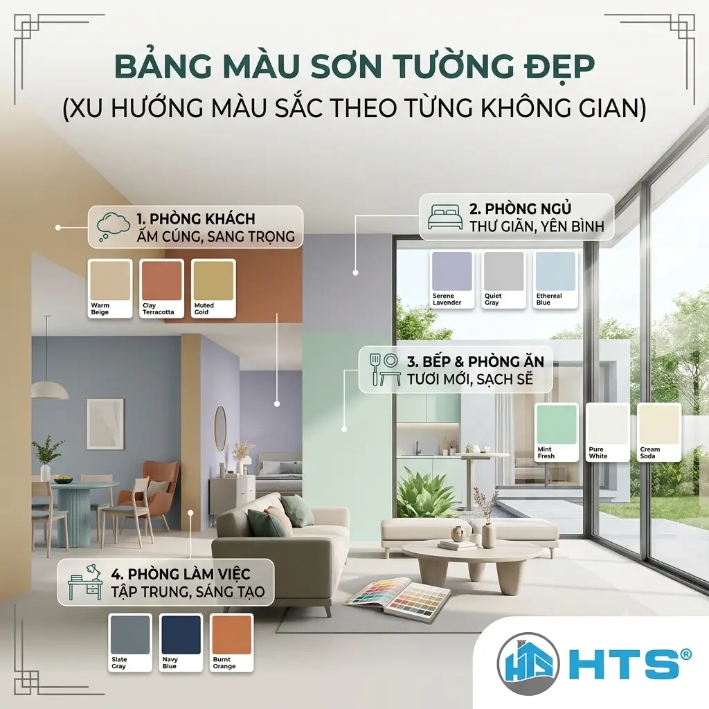 Bảng màu sơn tường đẹp theo từng không gian giúp dễ dàng lựa chọn gam màu phù hợp với phòng khách, phòng ngủ và các khu vực trong nhà