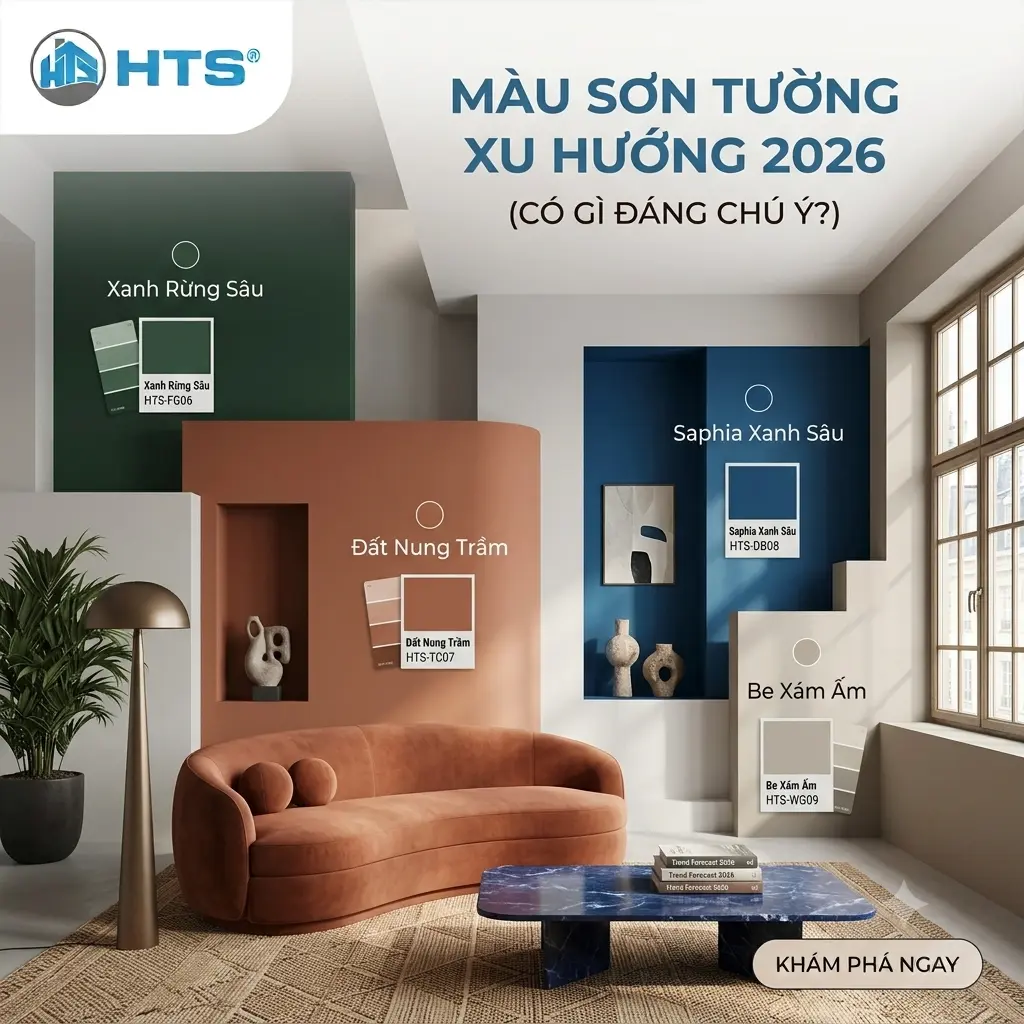 Màu sơn tường xu hướng 2026 nổi bật với các gam trung tính, nhẹ nhàng và dễ phối nội thất