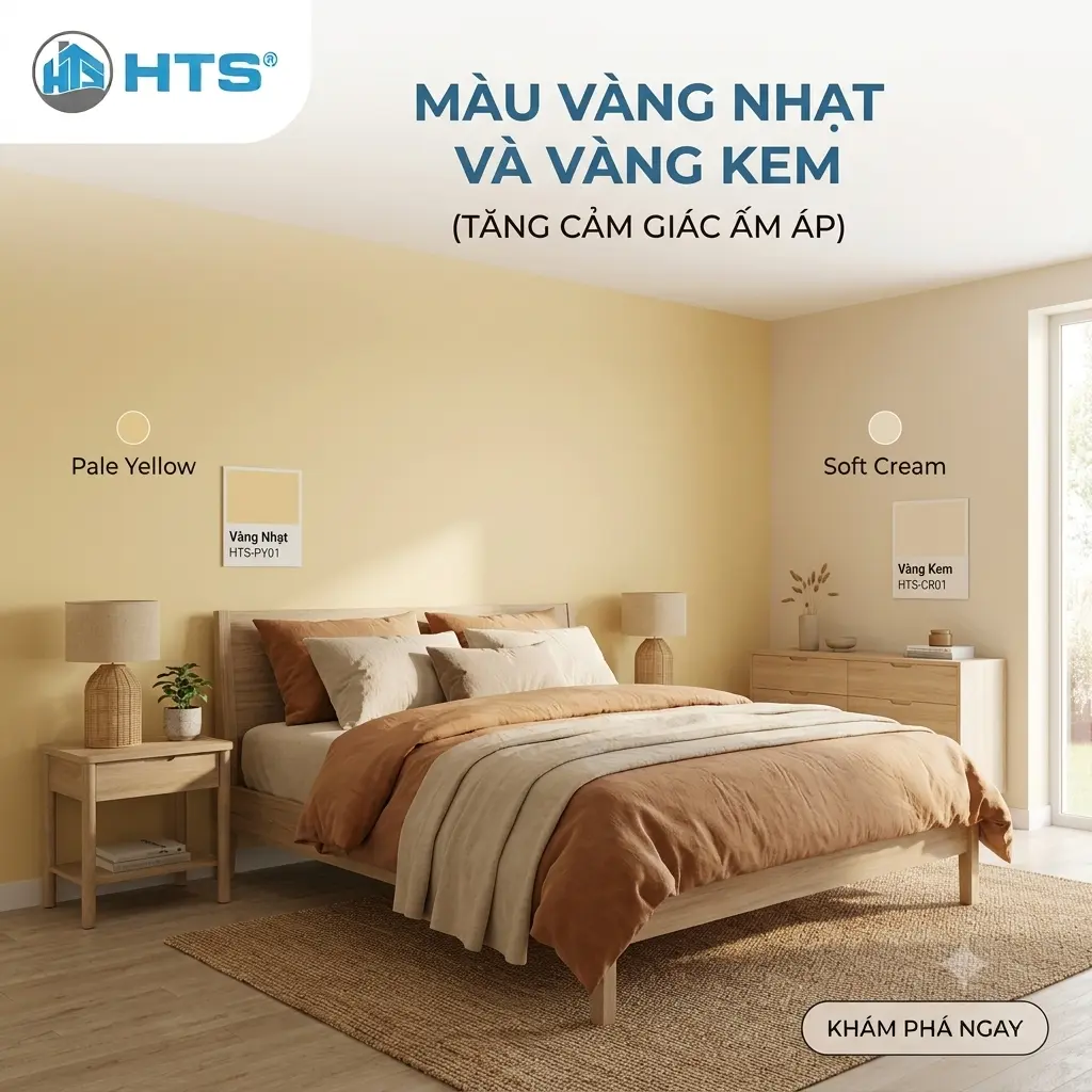 Màu vàng nhạt và vàng kem giúp không gian thêm ấm áp, sáng nhẹ và gần gũi